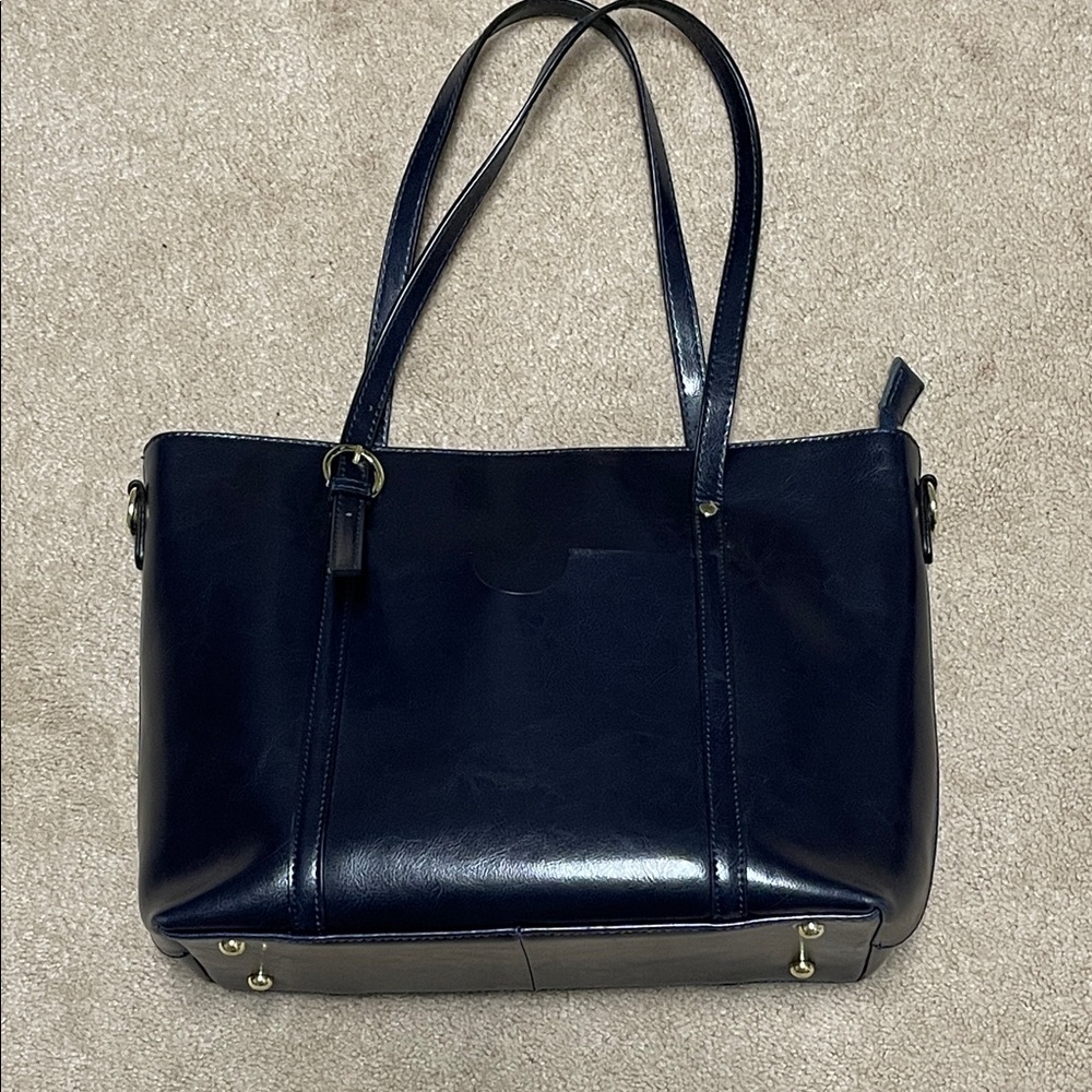 CLELO Waxed Leather  Navy Convertible Shoulder Tote Bag Casual Business Travel